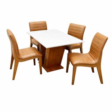 Imagem de Mesa de Jantar Classic 120x80cm com Vidro e 4 Cadeiras Sofia em Corino Estofadas Cel Móveis Cor Cinamomo Off White com Tecido Caramelo