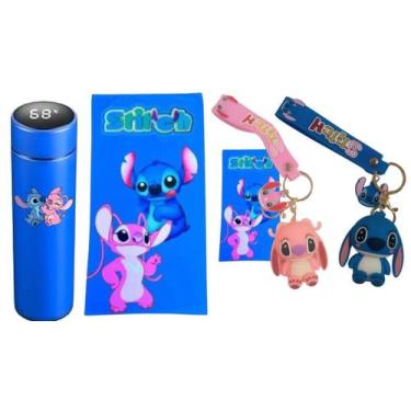 Imagem de Kit Azul Garrafa Térmica+Chaveiro 3D+Jogo De Toalha Stitch - Stitch&An