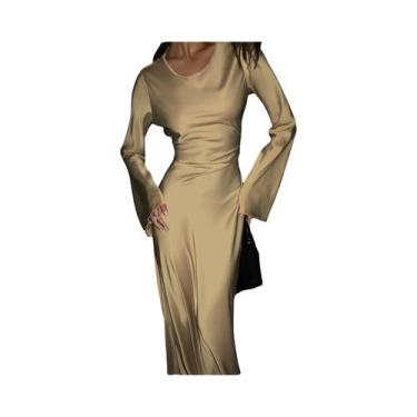 Imagem de Vestido Maxi De Cetim Para Mulheres Com Cintura Ajustável, Decote Redo