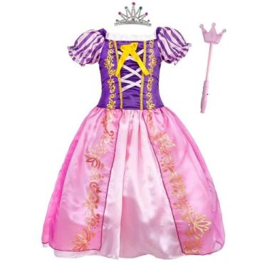 Imagem de Fantasia Rapunzel Infantil de Luxo Vestido Coroa e Varinha com Luz - F