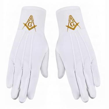 Imagem de Luvas de Algodão Bordadas Maçônicas Gold Square & Compass - Branca - The Masonic Exchange