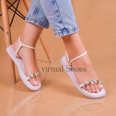Imagem de Sandalia Feminina Rasteira Flat Rasteirinha Detalhe Em Pedraria Luxuos