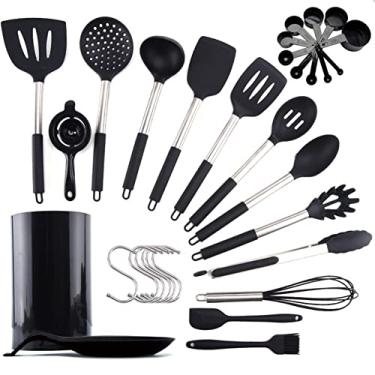 Imagem de Conjunto de utensílios de cozinha 17 peças com raspador de pinças de silicone de aço inoxidável antiqueimadura para cozinhar panela, cozinha (preto)
