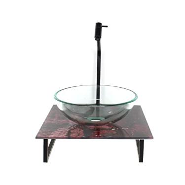 Imagem de KIT CUBA DE VIDRO REDONDA 10MM INCOLOR COM TAMPO DE VIDRO 40CM X 40CM MÁRMORE AVERMELHADO E SUPORTE PRETO