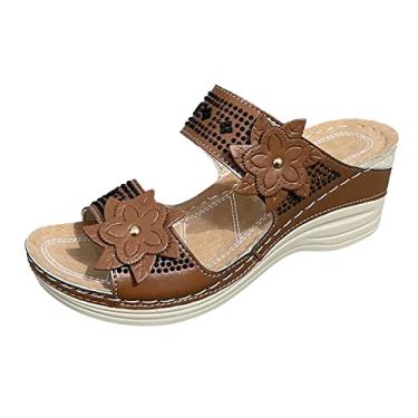 Imagem de Masbird Sandálias Femininas Femininas Verão Strass Flores Antiderrapante Deslizamento Boca Peixe Wedges Praia Sandálias Respiráveis Dedo Aberto, Caqui, 8