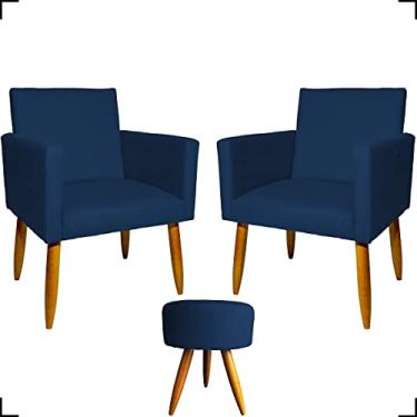 Imagem de Kit 2 Poltronas Decorativas Para Sala + Puff Redondo Para Recepção Manicure Sala De Espera Consultório Escritório Sala De Estar Suede Cores Pé Castanho - Clique & Decore (Azul-marinho)