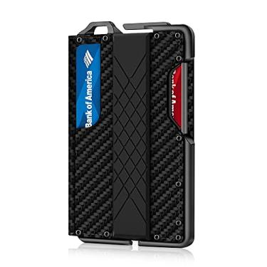 Imagem de MURADIN Carteira tática minimalista para homens, porta-cartões de metal fino com bloqueio de RFID, bolso frontal, carteira de couro dobrável elegante com clipe para dinheiro, Fibra