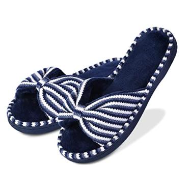 Imagem de DL Pantufas femininas de dedo aberto com espuma viscoelástica com lindo laço e forro felpudo aconchegante, sapatos slip-on para casa, sandálias de spa com sola de borracha antiderrapante para uso interno e externo, Azul marino, 7-8