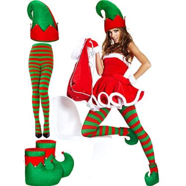 Imagem de SATINIOR 4 peças de fantasia de elfo de Natal para mulheres, chapéu de elfo, sapatos de elfo, meia-calça listrada de Natal, acessório de cosplay de elfo multicolorido, Multicolorido., M