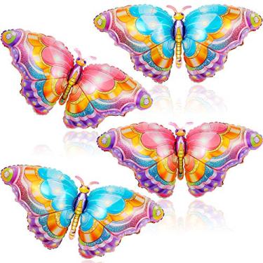 Imagem de 4 balões de borboleta coloridos balões de alumínio borboleta Mylar balões de borboleta para festa temática de borboleta decorações de chá de bebê decoração de festa de aniversário de casamento