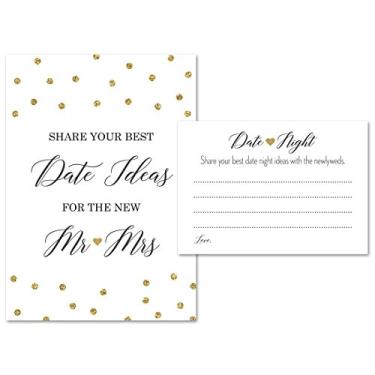 Imagem de Data Night Advice (1 placa + 45 cartões) – Glitter de ouro falso – para chá de panela de noiva e recitação de casamento, jogos de chá de panela, sinalização de data, placas de recepção