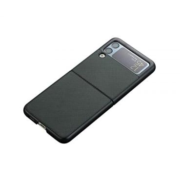 Imagem de Capa para Samsung Galaxy Z Flip 3/Z Flip 4, capa traseira protetora dobrável com padrão de fibra de carbono ultrafina de luxo, capa de telefone de couro PU de plástico rígido, verde, Z Flip4