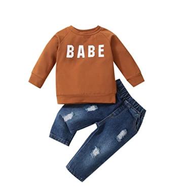 Imagem de Moletom infantil infantil infantil recém-nascido menino manga longa letra blusa jeans calça roupa roupa para ir para casa bebê menina (marrom, 2-3 anos)