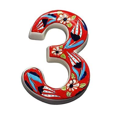 Imagem de Número de placa de cerâmica pintada à mão 3D de 12,7 cm, placa de porta flutuante, números de portão numeral 0-9, etiqueta de endereço, vermelha, à prova de intempéries, durável