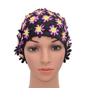 Imagem de Touca de natação estilo retrô com pétalas florais da Medifier para mulheres, Preto