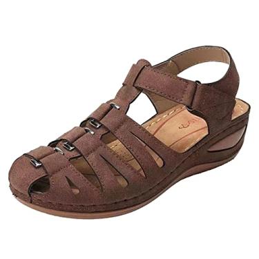 Imagem de Sandálias estilo romano tamanho grande gancho laço sólido conforto sandália anabela clipes de sapato para mulheres sandálias, Café, 7