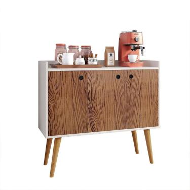 Imagem de Aparador Buffet Wood Prime 3 Portas Cantinho Café Prateleira Organizadora Pés Palito Decoração Retrô - Off White|Freijó - RPM Móveis