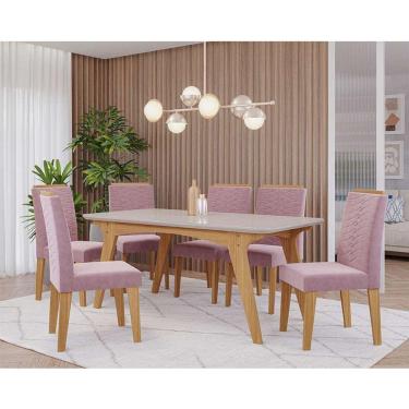 Imagem de conjunto de mesa de jantar retangular com tampo de vidro off white selena e 6 cadeiras clarice suede rosê e nature