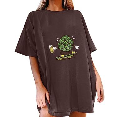 Imagem de Plus T Camiseta feminina sólida festival de cerveja estampada solta e confortável grande moda tops para mulheres blusa, Marrom, XG