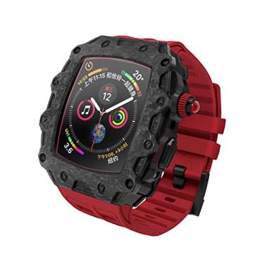 Imagem de OPKDE Pulseira de relógio + capa de relógio para Apple Watch 7 45mm SE 6 5 4 44mm capa de fibra de carbono pulseira de silicone capa de vidro temperado para iWatch série 45/44 mm (cor: vermelho,