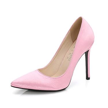 Imagem de Sapatos femininos de cetim fino salto alto fechado clássico sem cadarço sapato de escritório 11 cm salto agulha sapatos de festa noturna, rosa, 10