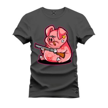Imagem de Camiseta Casual Malha Confortável Estampada Porco Caçador Grafite GG