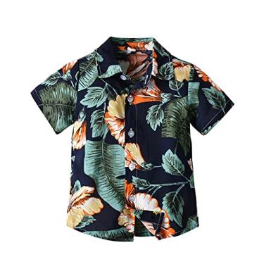 Imagem de Camiseta infantil awaiian Shirt Boys Button Down Shirt manga curta verão praia camisa camisas tropicais para meninos férias, Azul marino, 3-4 Anos