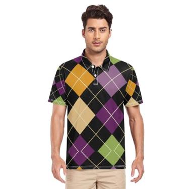 Imagem de JUNZAN Camisa polo masculina xadrez geométrica colorida creme de golfe manga curta masculina algodão casual P, Estampa geométrica xadrez colorida, P