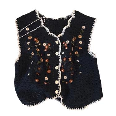 Imagem de Giltpeak Colete de crochê feminino, regata de crochê, suéter de crochê, gola V frontal sem mangas de malha xadrez, Preto, One Size