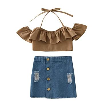 Imagem de Roupas infantis para meninas, ombro único, cor sólida, saia jeans com seios na moda, roupas de verão, Marrom, 5-6 Anos