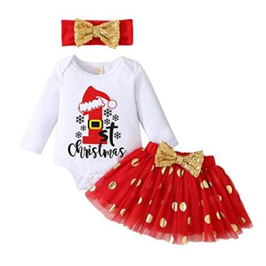 Imagem de Macacão infantil de manga comprida com estampa de letras de Natal e saias de tule grandes (vermelho, 12 a 18 meses)