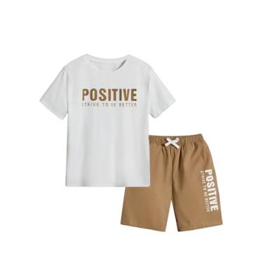 Imagem de Verdusa Conjunto de 2 peças para meninos com estampa de letras, camiseta de manga curta e shorts, Branco, marrom, 14Y