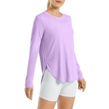 Imagem de G4Free Camisas femininas FPS 50+ UV manga longa treino sol camisa academia ao ar livre caminhada tops secagem rápida leve, Roxa, P