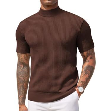Imagem de COOFANDY Suéter masculino de gola rolê de manga curta casual básica pulôver de malha canelada camiseta lisa, Marrom, G