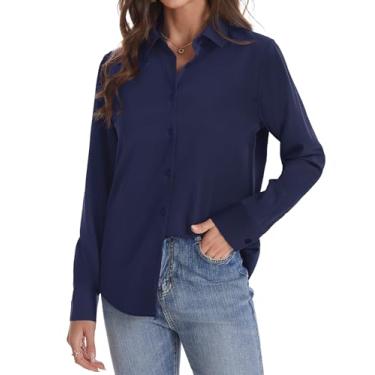 Imagem de J.VER Camisa feminina de botão manga longa sem rugas leve de chiffon sólido blusa de trabalho, Azul marinho, PP