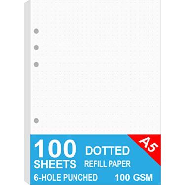Imagem de Papel pontilhado A5, recargas para agenda Filofax, organizador, fichários, perfurados com 6 furos, 100 folhas/200 páginas, 100 gsm, branco, 14 x 21 cm