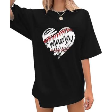 Imagem de Camiseta feminina de beisebol mamãe de beisebol grande camiseta de beisebol dia de jogo casual solta manga curta blusa top, Preto-1f, M