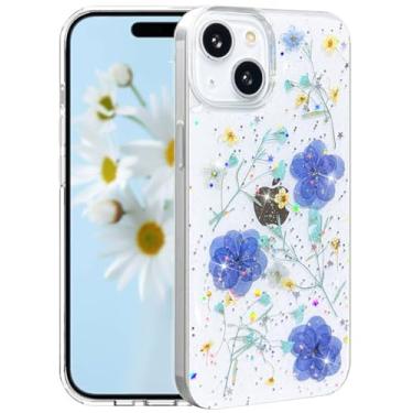 Imagem de CEOKOK Capa transparente para iPhone 13/iPhone 14 com design de flores prensadas de verdade com glitter fofo azul brilhante seco padrão floral fino macio TPU protetor feminino feminino capa de