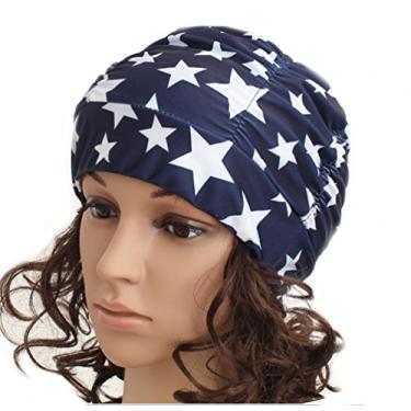 Imagem de Ewanda store Touca de natação colorida plissada de tecido de nylon grande touca de banho de primavera quente para adultos homens mulheres cabelo longo (estrela)