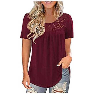 Imagem de Camiseta feminina de renda com gola redonda, manga curta, cor sólida, folgada, casual, para férias de verão, Vermelho, M