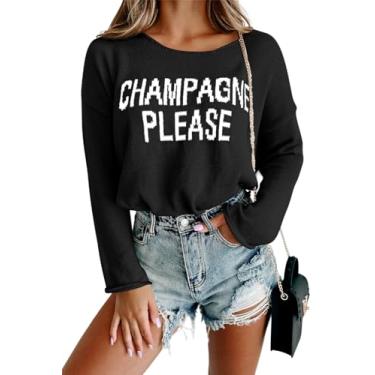 Imagem de CURBODO Suéter feminino fashion 2024 champanhe por favor gráfico manga longa pulôver suéter solto gola redonda moletom de malha tops, Z - preto, P