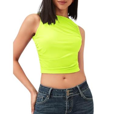 Imagem de VVK Regata feminina franzida de malha cropped camisetas de verão sem mangas 2024 na moda, Sd-neon amarelo, G