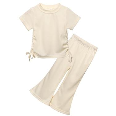Imagem de SEAUR Conjunto de camiseta e calça de manga curta para meninas com nervuras, camiseta e calça de perna larga, conjunto de 2 peças, Bege A, 3-4 Anos