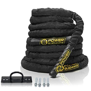 Imagem de POWER GUIDANCE Cordas de batalha – 3,81 cm de largura Poly Dacron 76 cm de comprimento para exercícios com cordas de ondulação – Academia muscular, tonificação, treino metabólico fitness – Corda de batalha âncora incluída (5 cm x 9 m de comprimento)