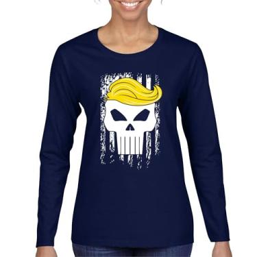 Imagem de Camiseta feminina de manga comprida com bandeira de Trump 2024 Make America First Great Again Deplorable Skull My President MAGA Republican FJB, Azul marinho, XXG
