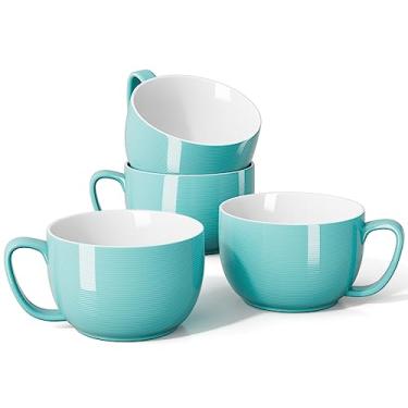 Imagem de Teocera Tigelas de sopa de 680 g com alças, conjunto de canecas de café grandes de porcelana, canecas jumbo, tigelas de sopa, conjunto de 4 canecas para café, aveia, ensopado - design listrado,
