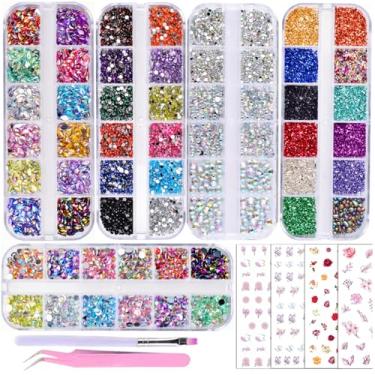 Imagem de editTime Kit de strass com 5 caixas de arte de unhas coloridas brilhantes 3D Flatback olho de cavalo strass irregular e 4 folhas de adesivos de unhas de flores com uma pinça curva e um pincel de unha