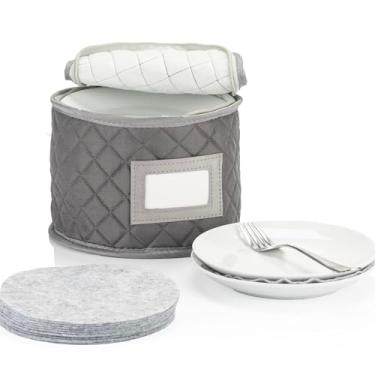 Imagem de Estojo de armazenamento da China – Estojo acolchoado para pires ou pratos pequenos – 18 cm de diâmetro x 15 cm de altura – Cinza – Inclui 12 separadores de feltro – Empilhável com interior acolchoado