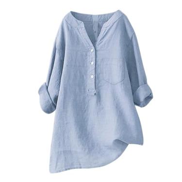 Imagem de Camiseta feminina de linho Henley Pocket Blusas Plus Size manga longa cor sólida verão túnica, Azul-celeste, G