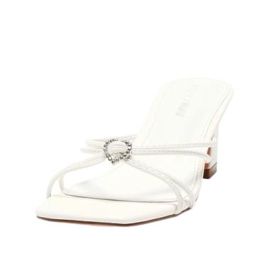 Imagem de LingxiaUne Sandálias brancas/rosa com bico aberto sexy salto agulha quadrado sandálias elegantes sapatos de verão, Branco, 37